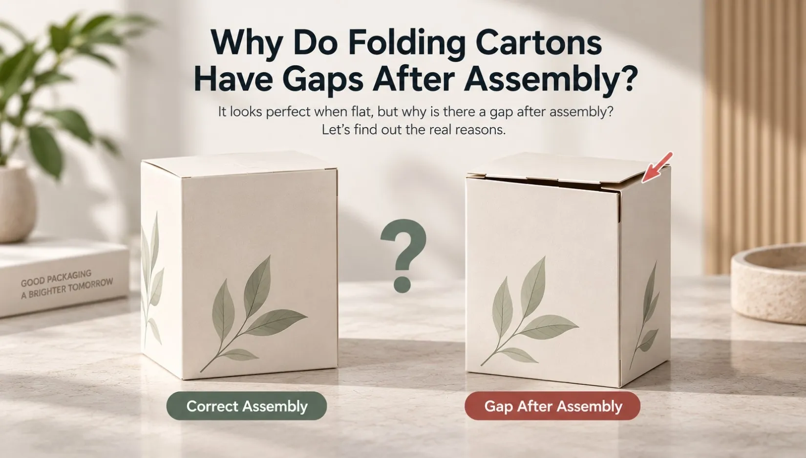 Folding carton with visible gap after assembly compared with correctly assembled carton
