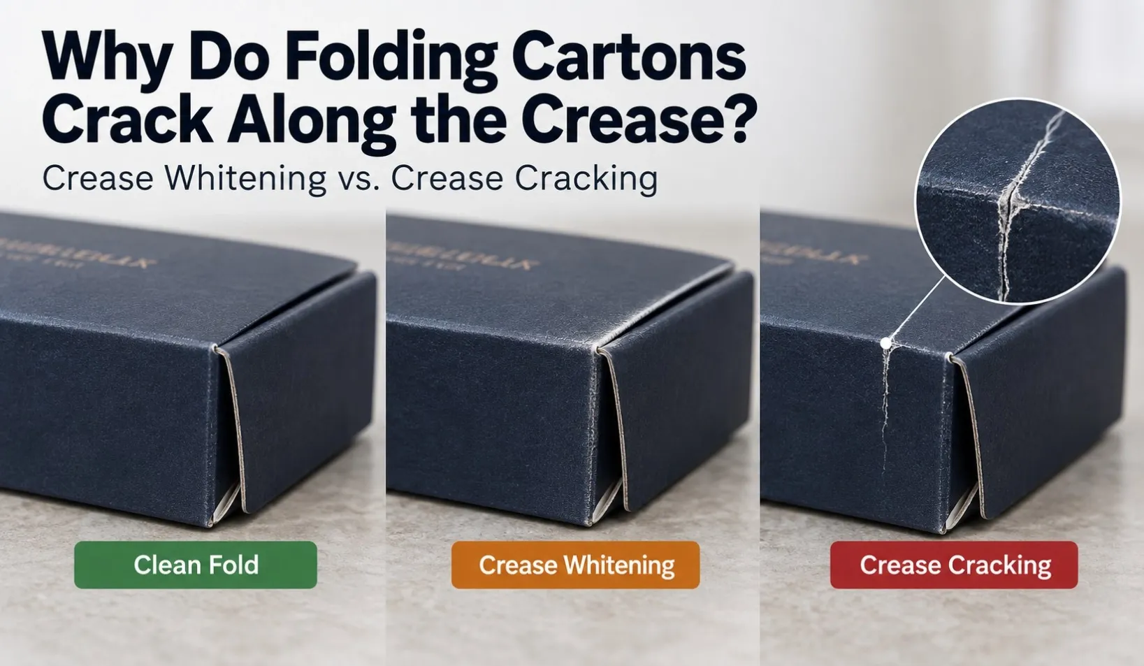 Folding carton crease whitening and cracking compared with a clean fold