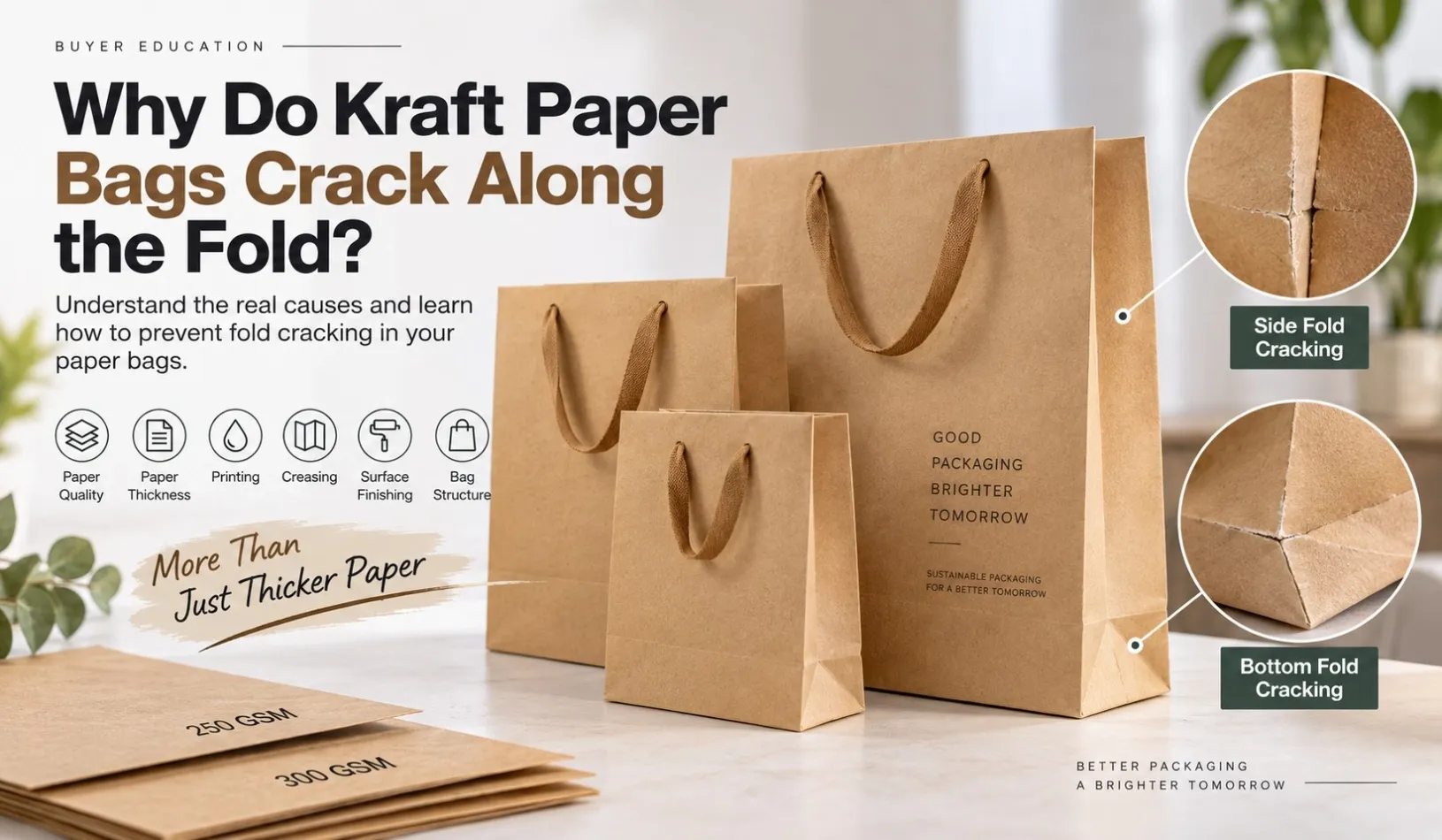 Kraft paper bag showing cracking along the fold and crease