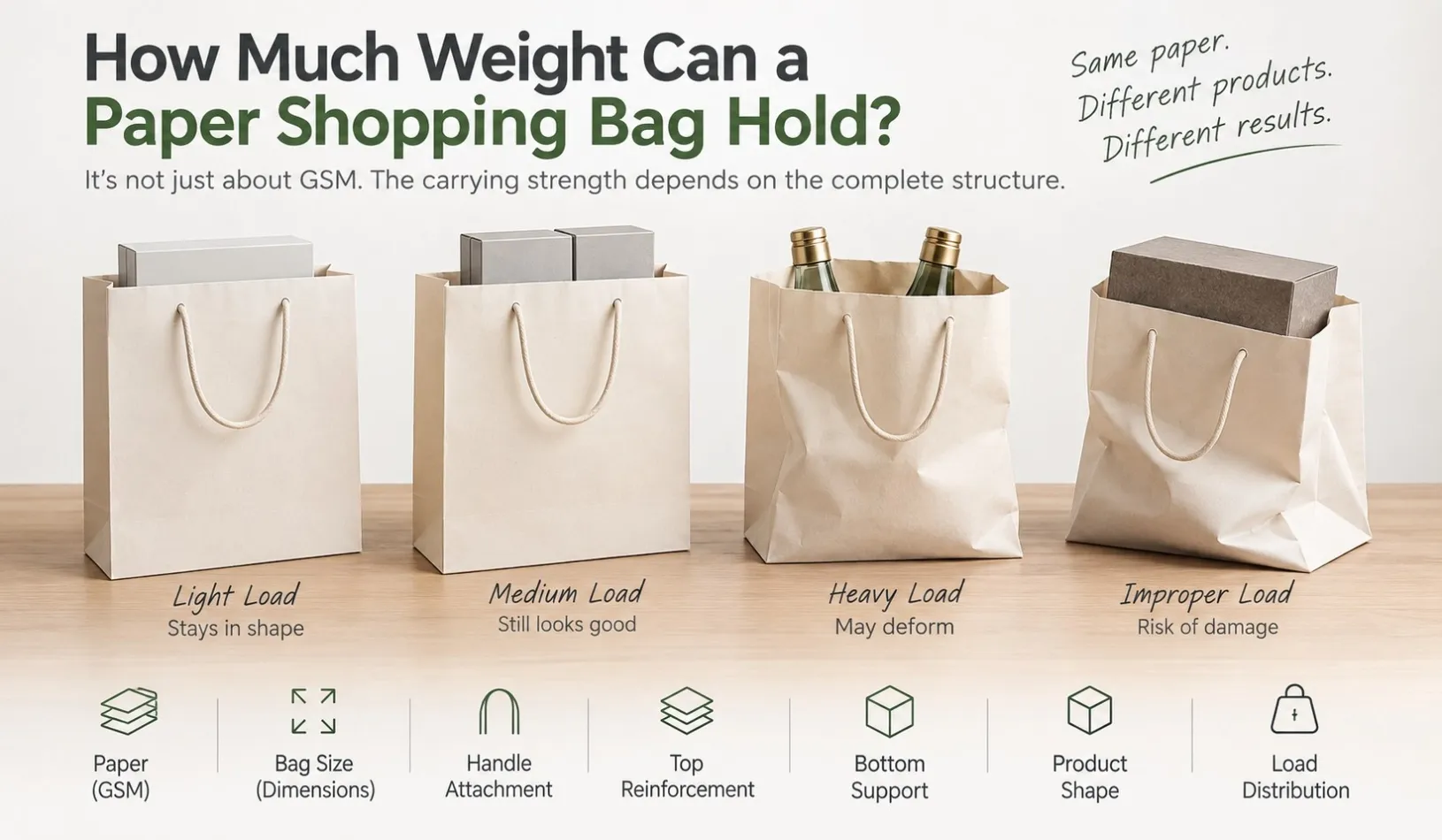 Paper shopping bag weight capacity showing how different loads affect bag performance