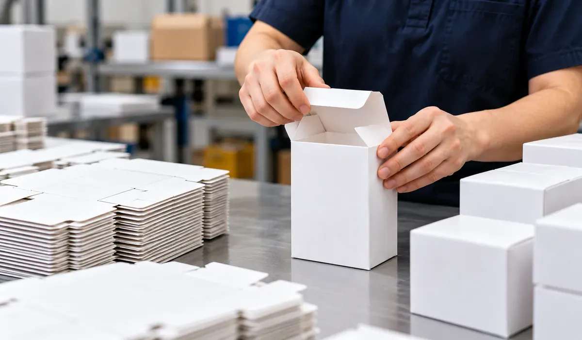 Worker manually assembling a white folding carton at a packaging production workbench