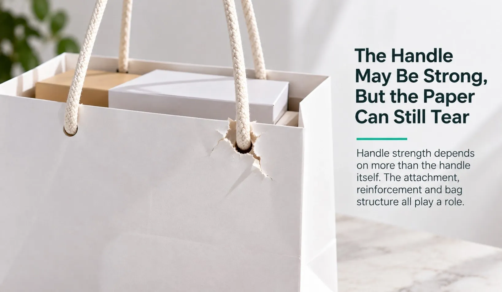 Paper bag handle remains intact while the paper around the handle hole tears