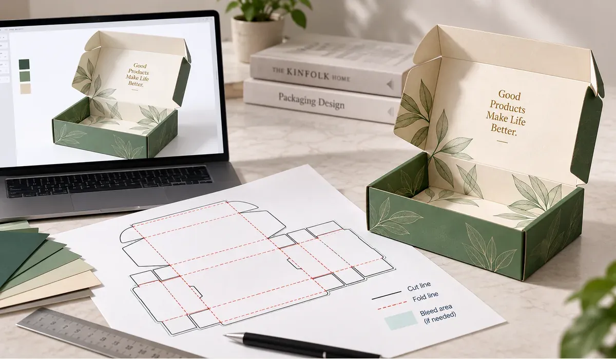 Packaging concept and box dieline review on a packaging design workbench.