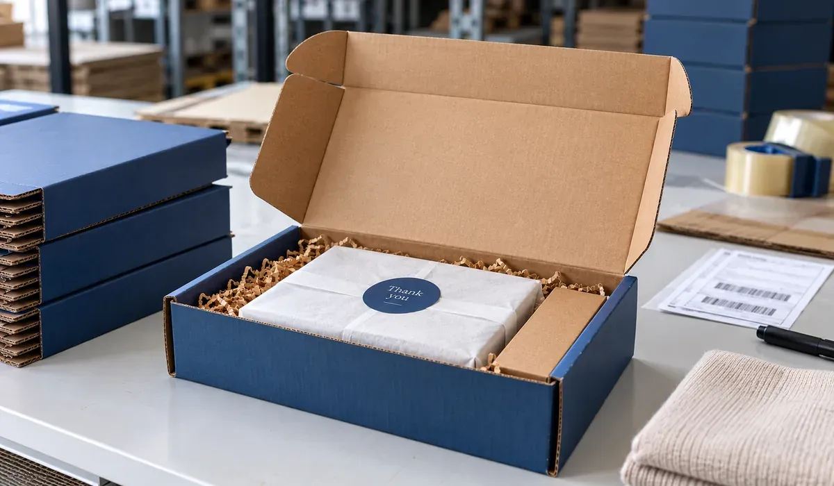 Open corrugated mailer box with protective paper filling and a wrapped product for e-commerce shipping