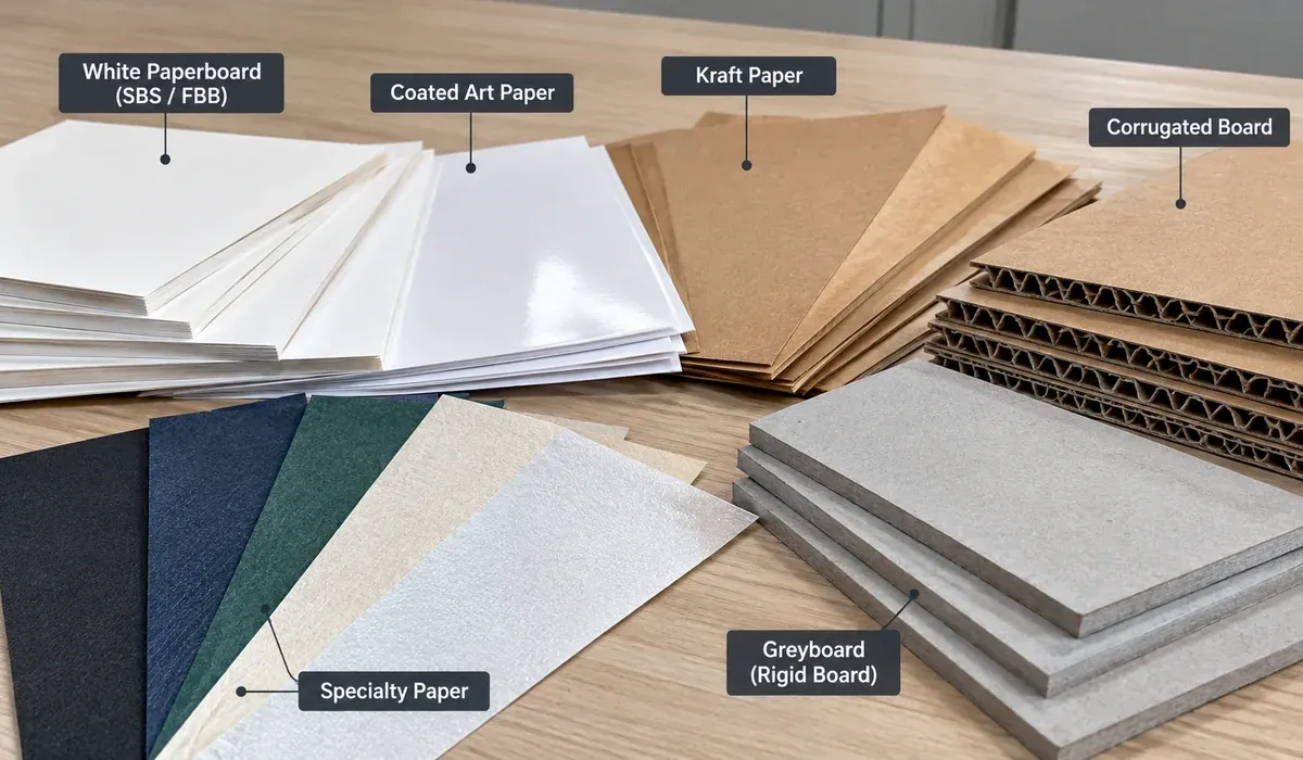 Illustration comparing white paperboard, coated art paper, kraft paper, specialty paper, greyboard and corrugated board