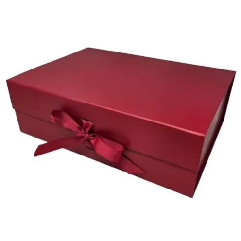 Collapsible rigid gift box with ribbon closure
