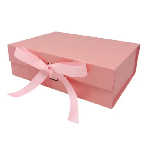 Foldable rigid gift box with ribbon closure