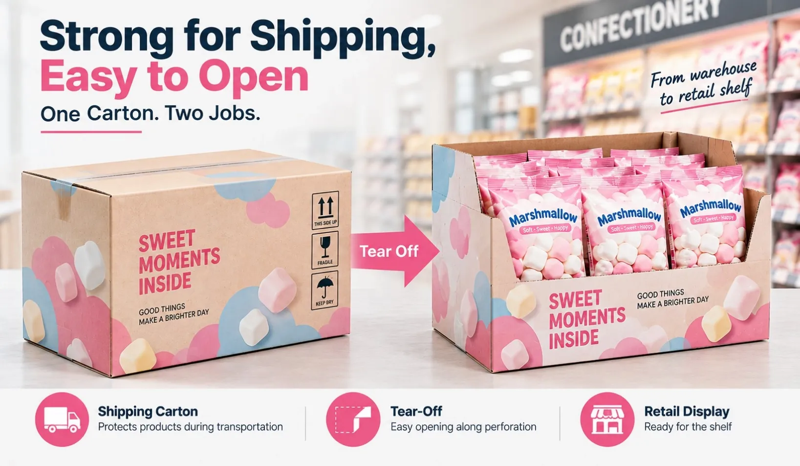 Shelf-ready packaging converting from a shipping carton into a retail display after tear-off opening