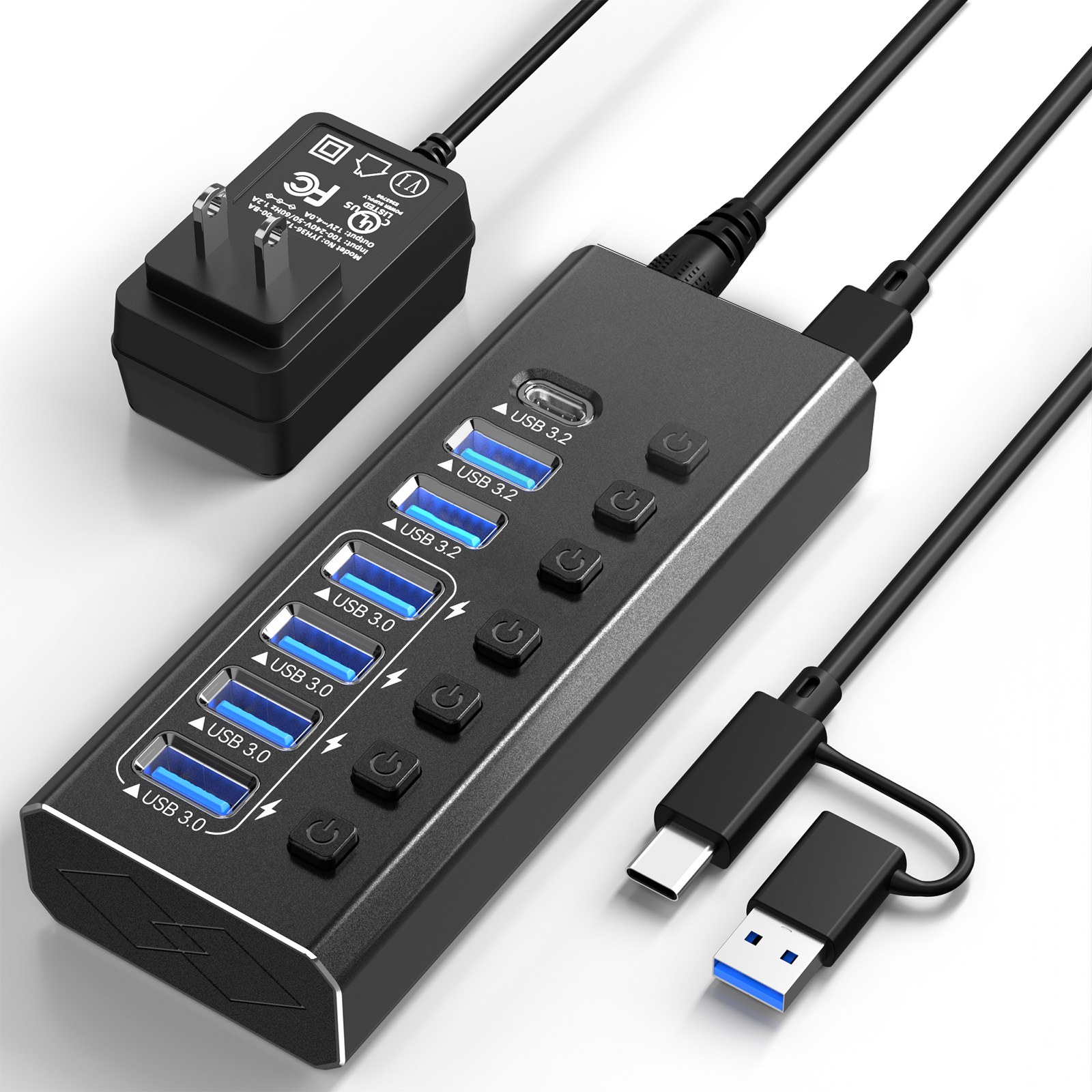 Mattzon MZCKU7217 7-port aluminum powered USB hub with individual switches