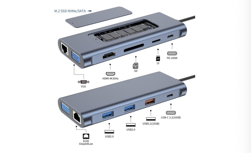 Mattzon MZTC9323 11-in-1 SSD NVMe/SATA Hub with MST and Gigabit LAN
