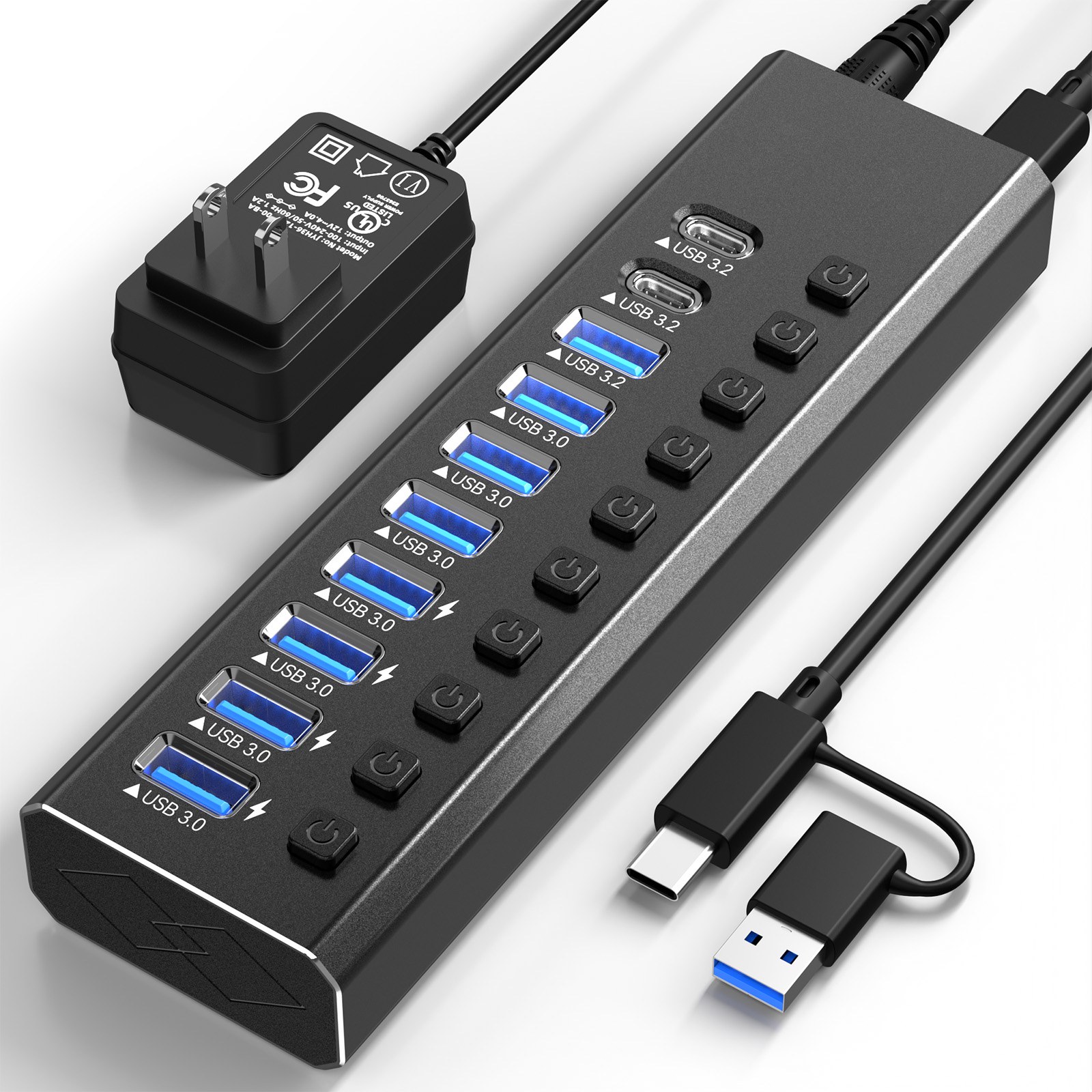 Mattzon MZCKU10217 10-port aluminum powered USB hub with individual switches and LED