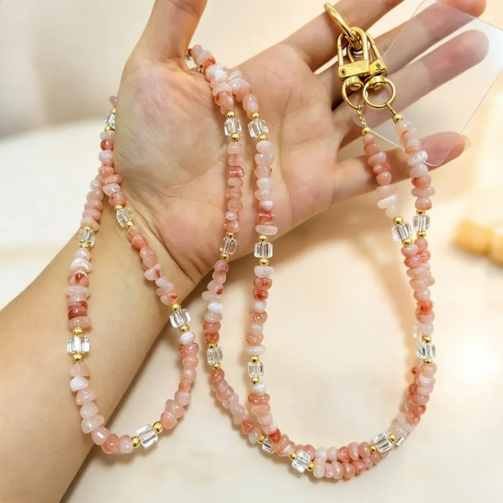 Pink Crystal Beaded Crossbody Phone Chain, product photo 02