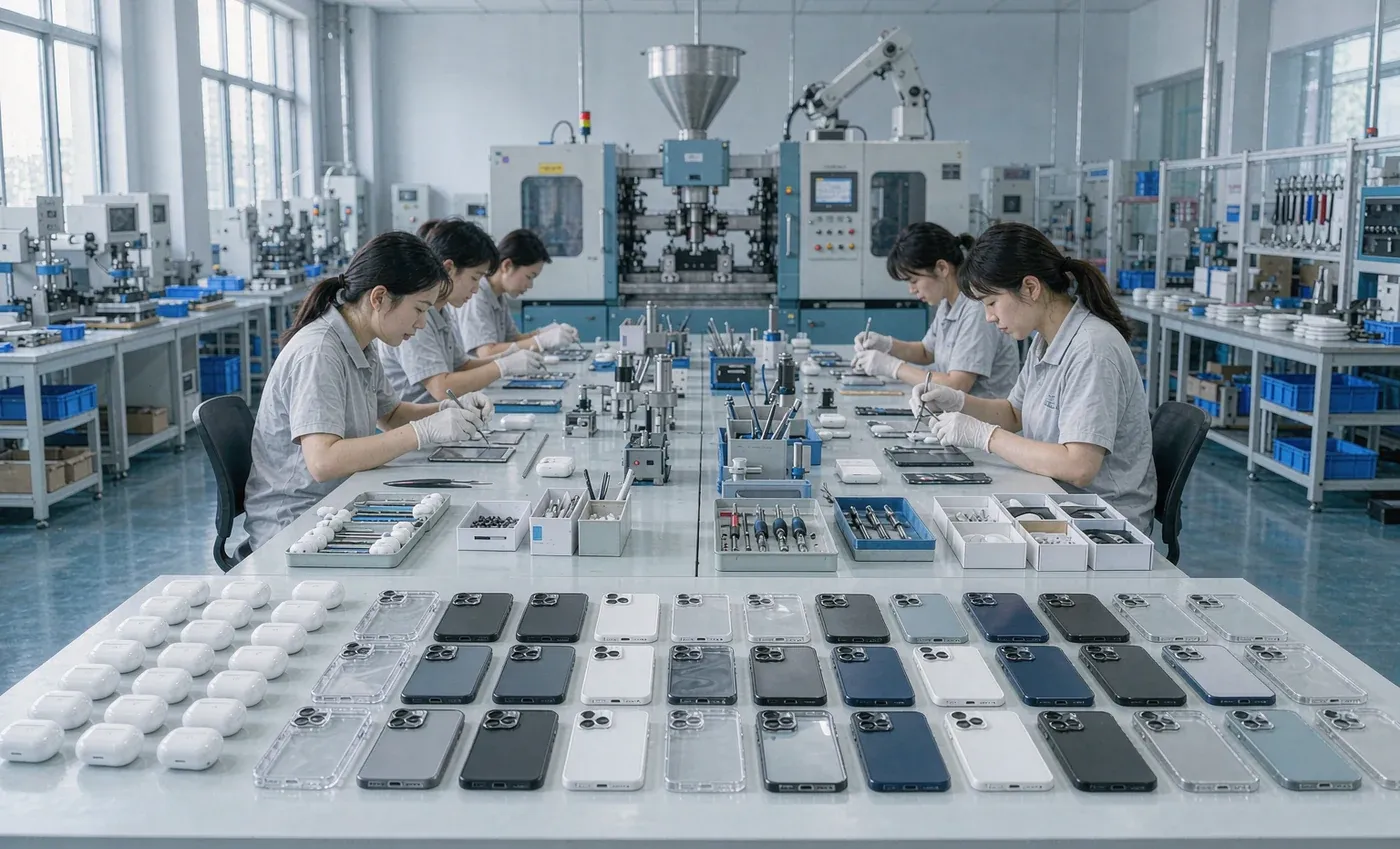 Bright phone case assembly line with finished cases on the workbench