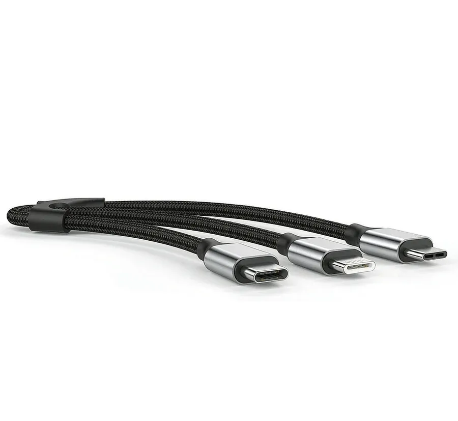 3-in-1 braided nylon charging cable with USB-C, Lightning and micro-USB connectors