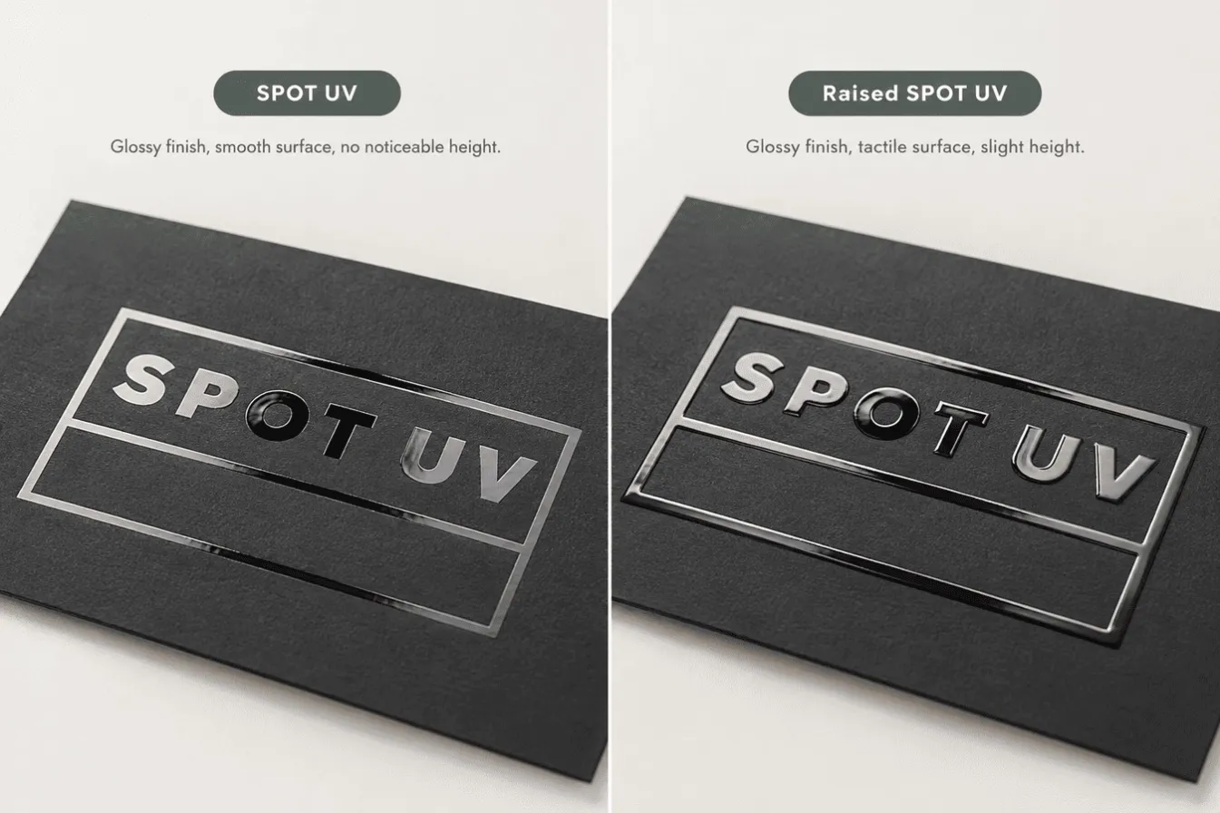 Standard spot UV and raised spot UV finishes on custom packaging boxes