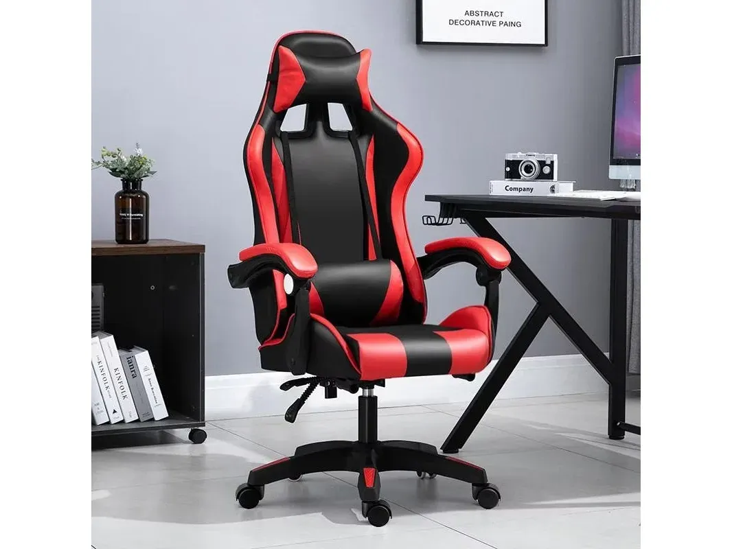 Prana Life red and black gaming chair 721-2 with lumbar and headrest cushions
