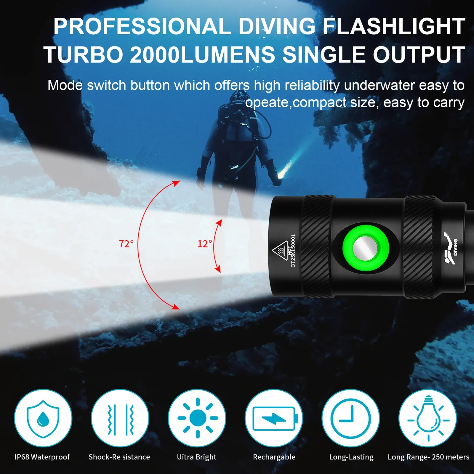 UEQIOV DM006 1000LM Rechargeable LED Aluminum Dive Light IP68 50M Waterproof 18650 Underwater Torch product image 3