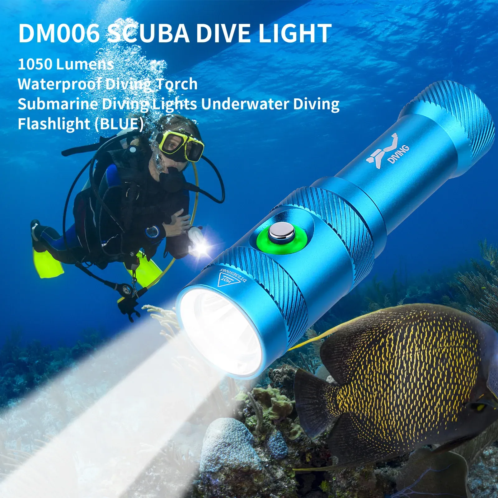 UEQIOV DM006 Blue 1000LM Rechargeable LED Aluminum Dive Light IP68 50M Waterproof 18650 Underwater Torch product image 12