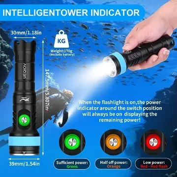 UEQIOV DQ380 2000LM Rechargeable LED Aluminum Dive Light IP68 100M Waterproof 21700 Underwater Torch product image 7