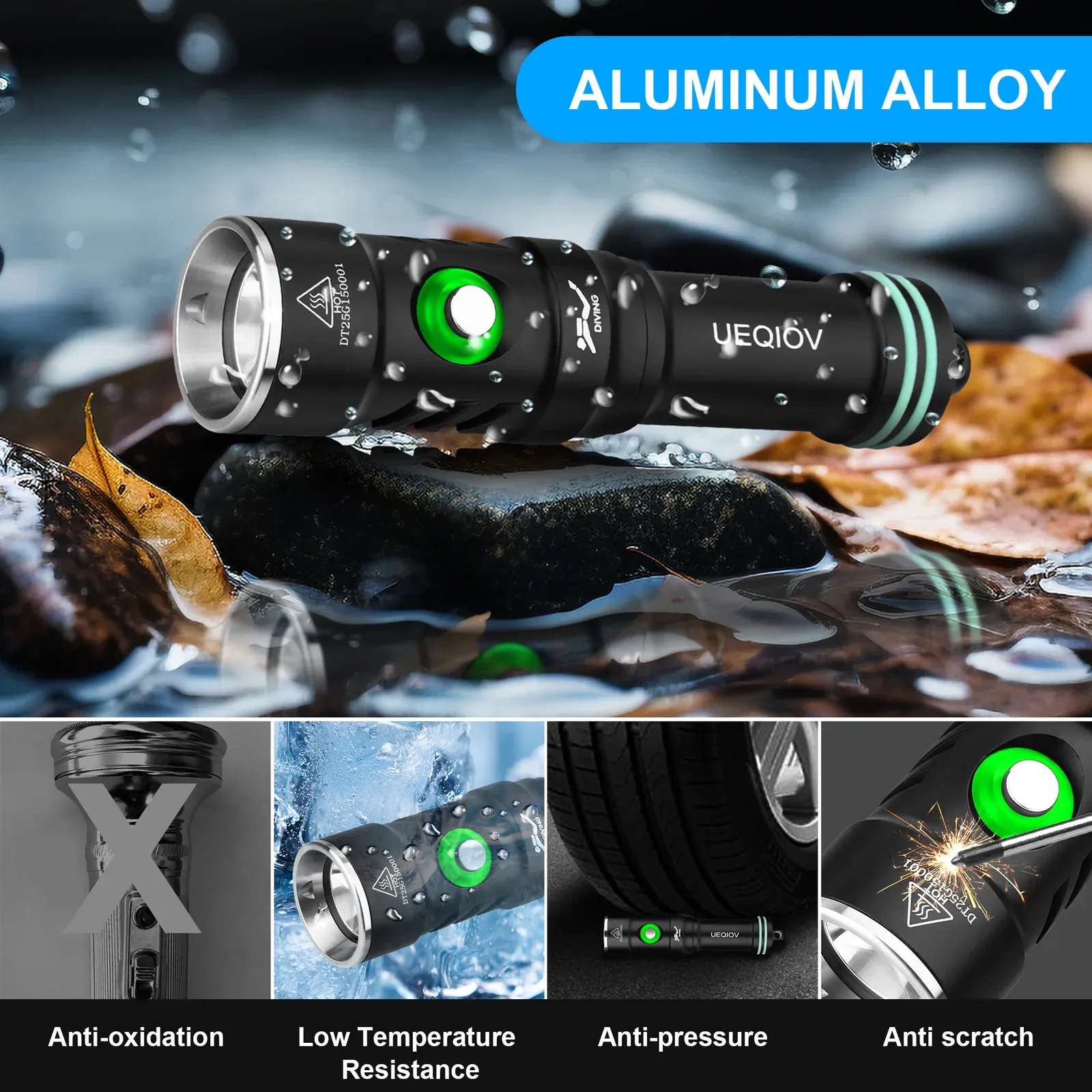 UEQIOV DQ300 1800LM Rechargeable LED Aluminum Dive Light IP68 100M Waterproof 18650 Underwater Torch product image 1