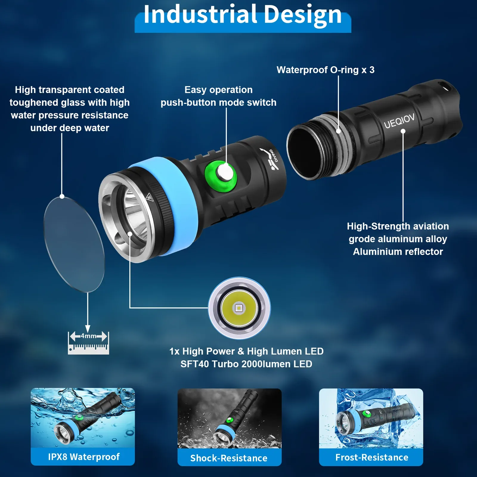 UEQIOV DQ380 2000LM Rechargeable LED Aluminum Dive Light IP68 100M Waterproof 21700 Underwater Torch product image 3