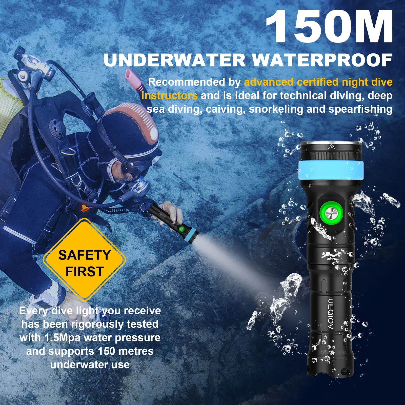 UEQIOV DQ380 2000LM Rechargeable LED Aluminum Dive Light IP68 100M Waterproof 21700 Underwater Torch product image 6