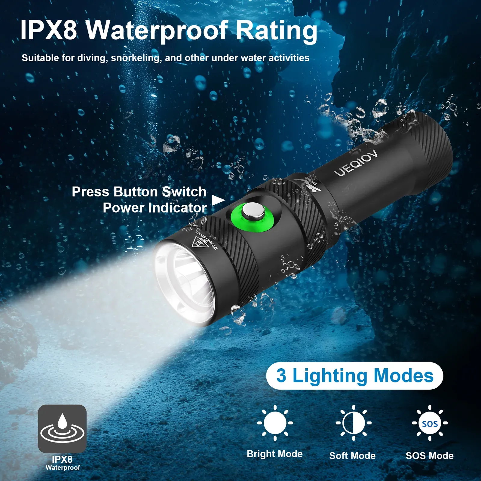 UEQIOV DM006 1000LM Rechargeable LED Aluminum Dive Light IP68 50M Waterproof 18650 Underwater Torch product image 2