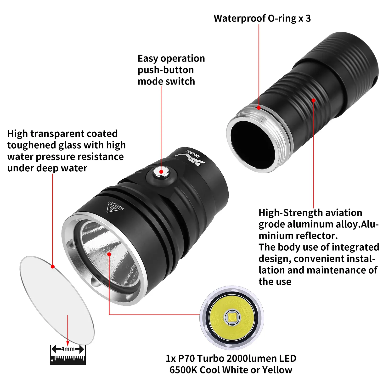 UEQIOV W76 2000LM Rechargeable LED Aluminum Dive Light IP68 60M Waterproof 26650 Underwater Torch product image 2