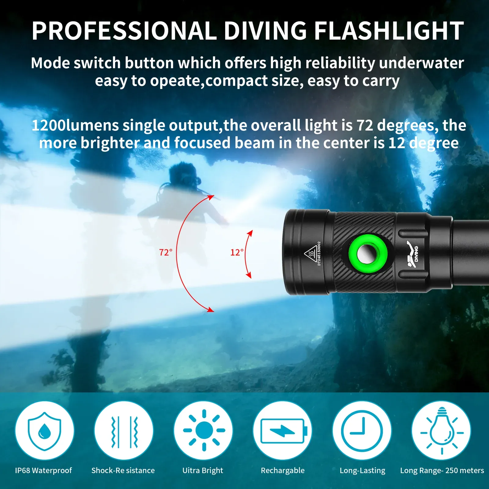 UEQIOV D180 1000LM Rechargeable LED Aluminum Dive Light IP68 80M Waterproof 18650 Underwater Torch product image 3