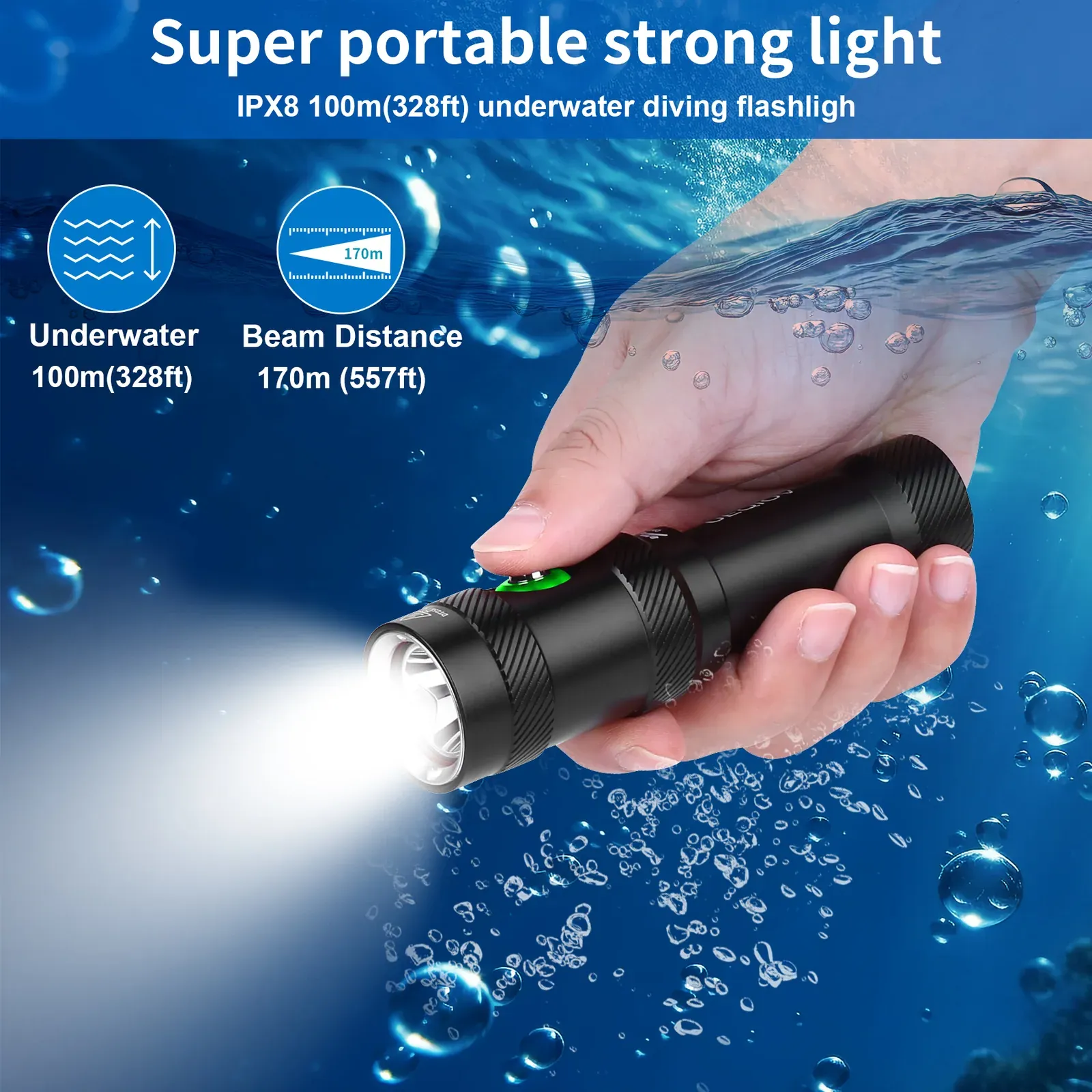 UEQIOV DM006 1000LM Rechargeable LED Aluminum Dive Light IP68 50M Waterproof 18650 Underwater Torch product image 4