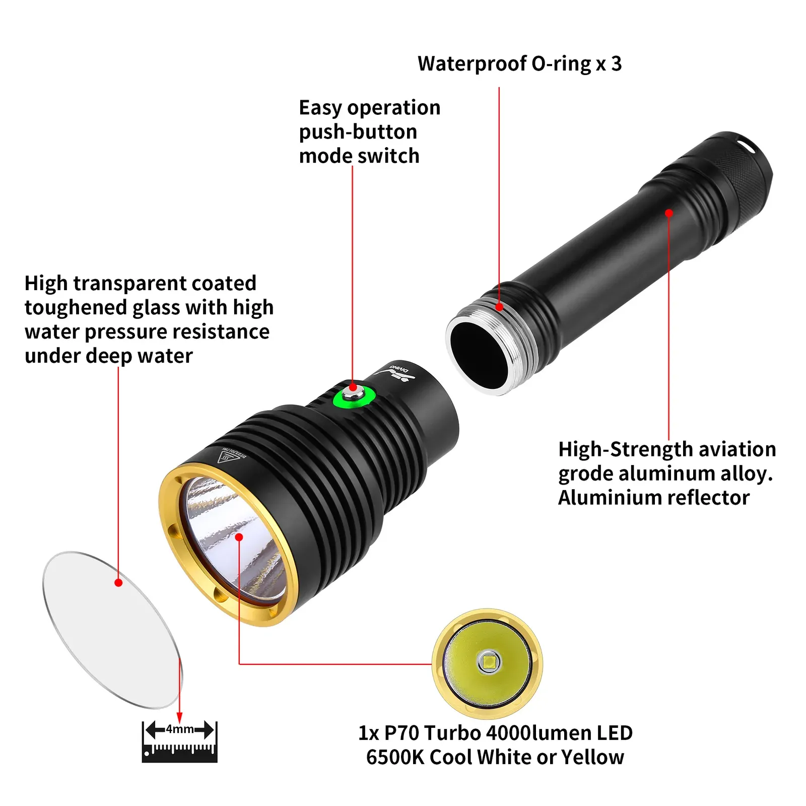 UEQIOV D170 3500LM Rechargeable LED Aluminum Dive Light IP68 80M Waterproof 26650 Underwater product image 2