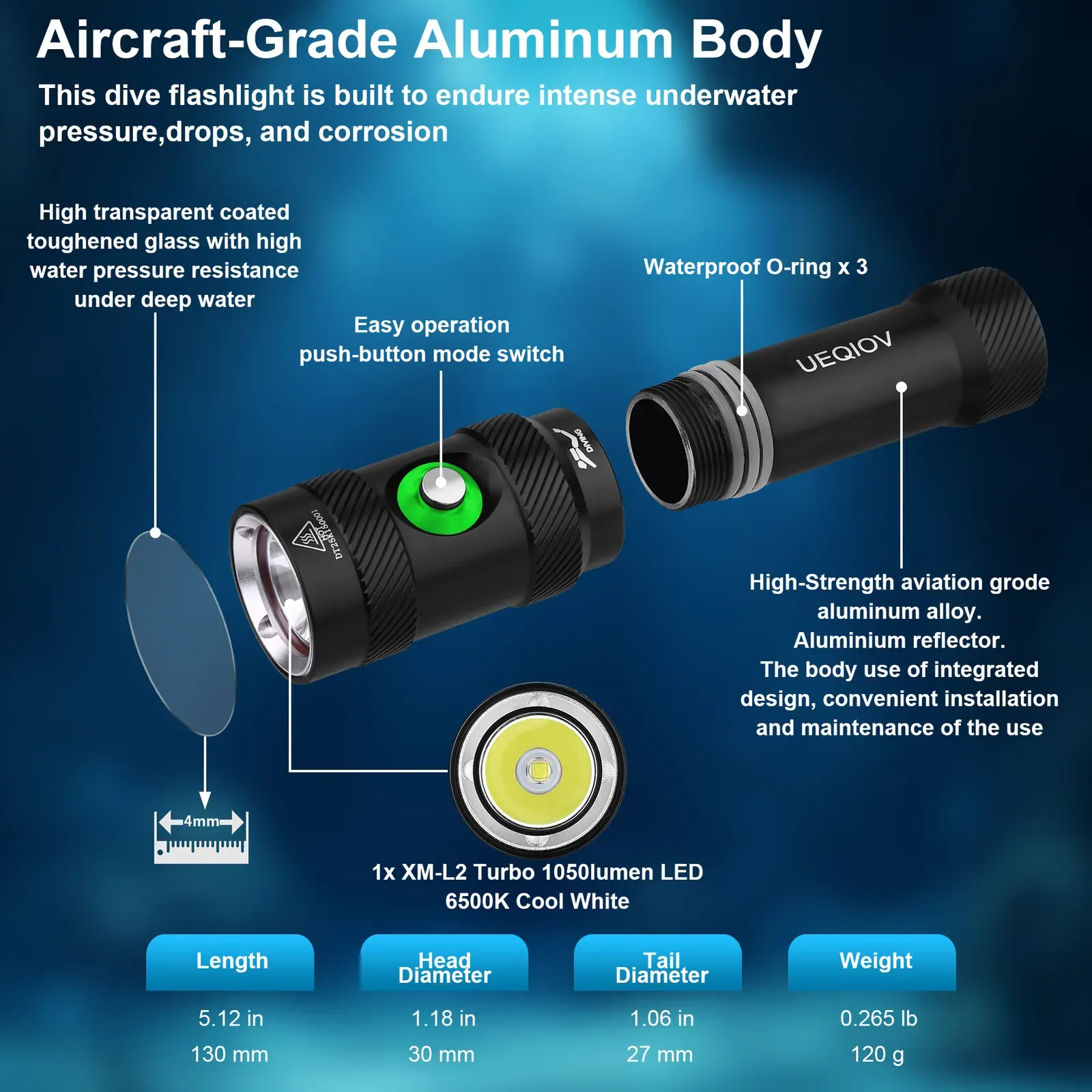 UEQIOV DM006 1000LM Rechargeable LED Aluminum Dive Light IP68 50M Waterproof 18650 Underwater Torch product image 1