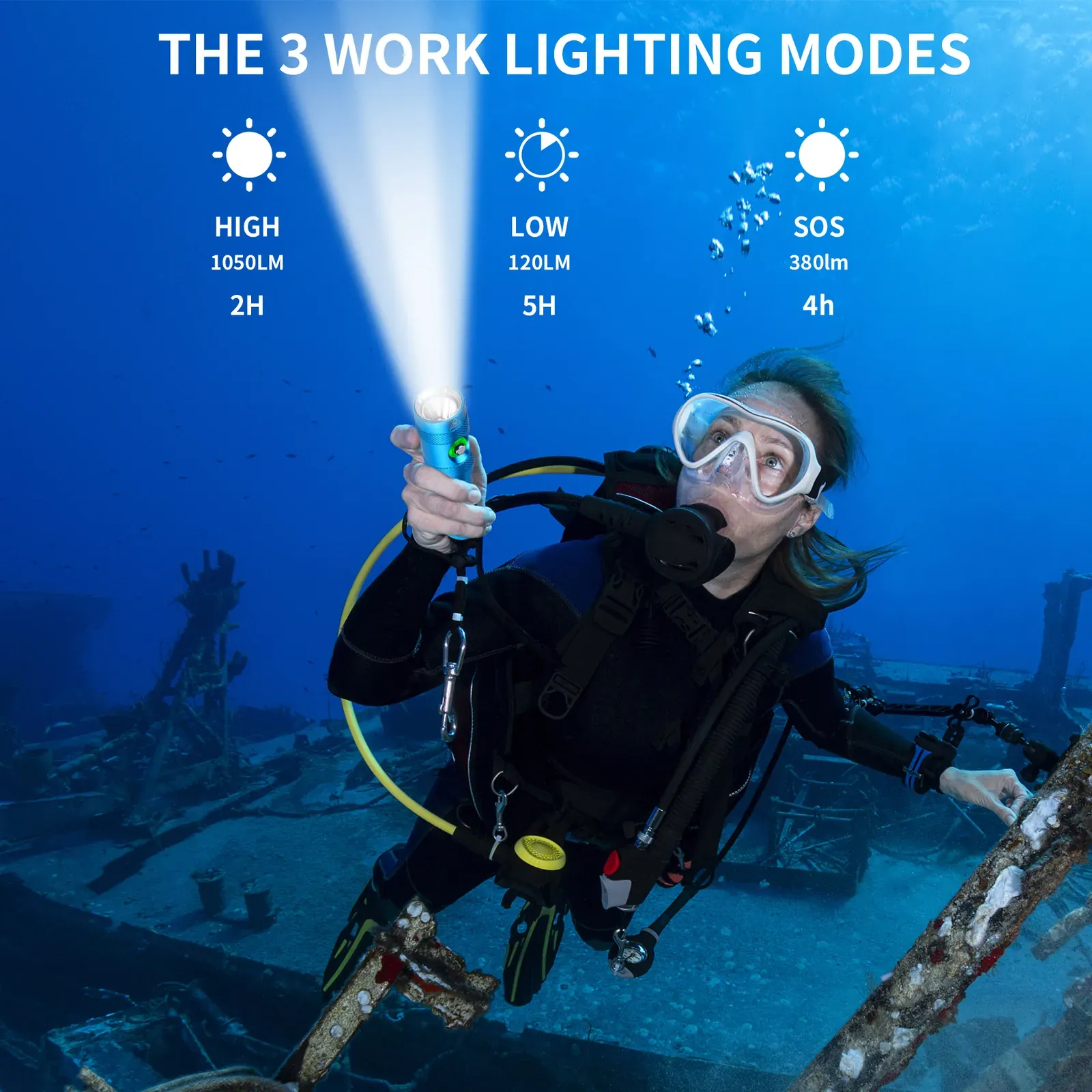 UEQIOV DM006 Blue 1000LM Rechargeable LED Aluminum Dive Light IP68 50M Waterproof 18650 Underwater Torch product image 13