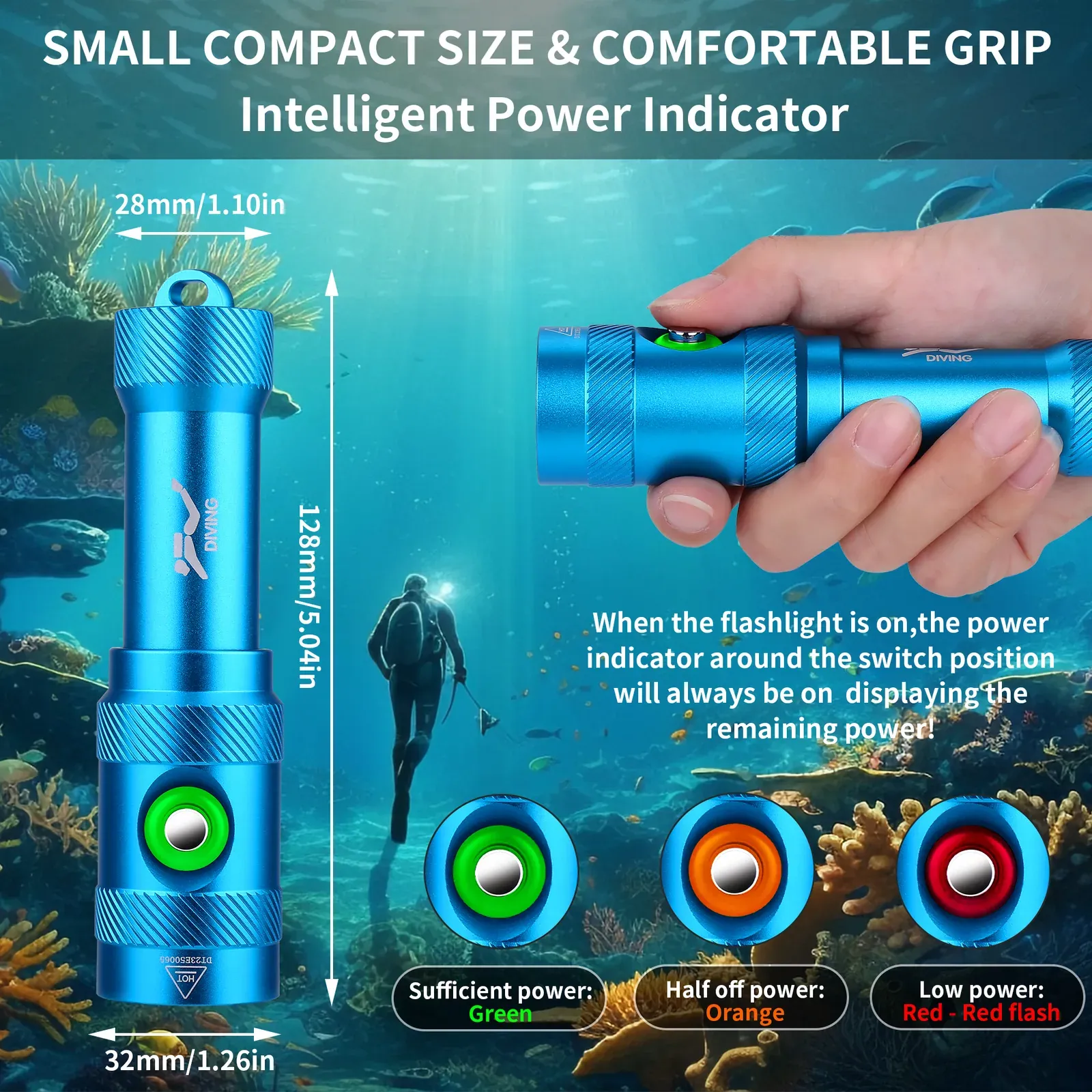 UEQIOV DM006 Blue 1000LM Rechargeable LED Aluminum Dive Light IP68 50M Waterproof 18650 Underwater Torch product image 15
