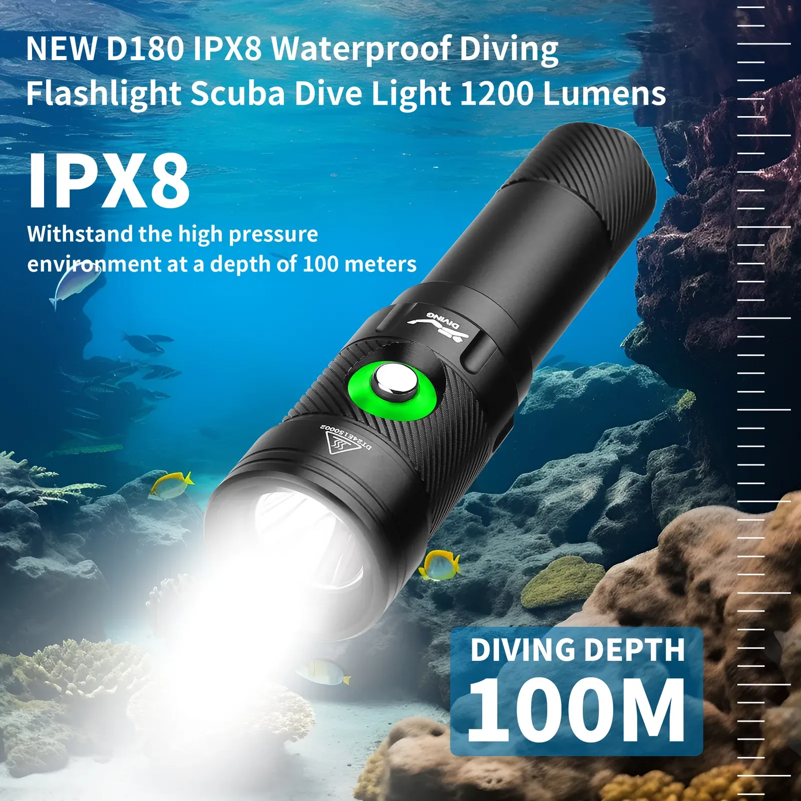 UEQIOV D180 1000LM Rechargeable LED Aluminum Dive Light IP68 80M Waterproof 18650 Underwater Torch product image 4