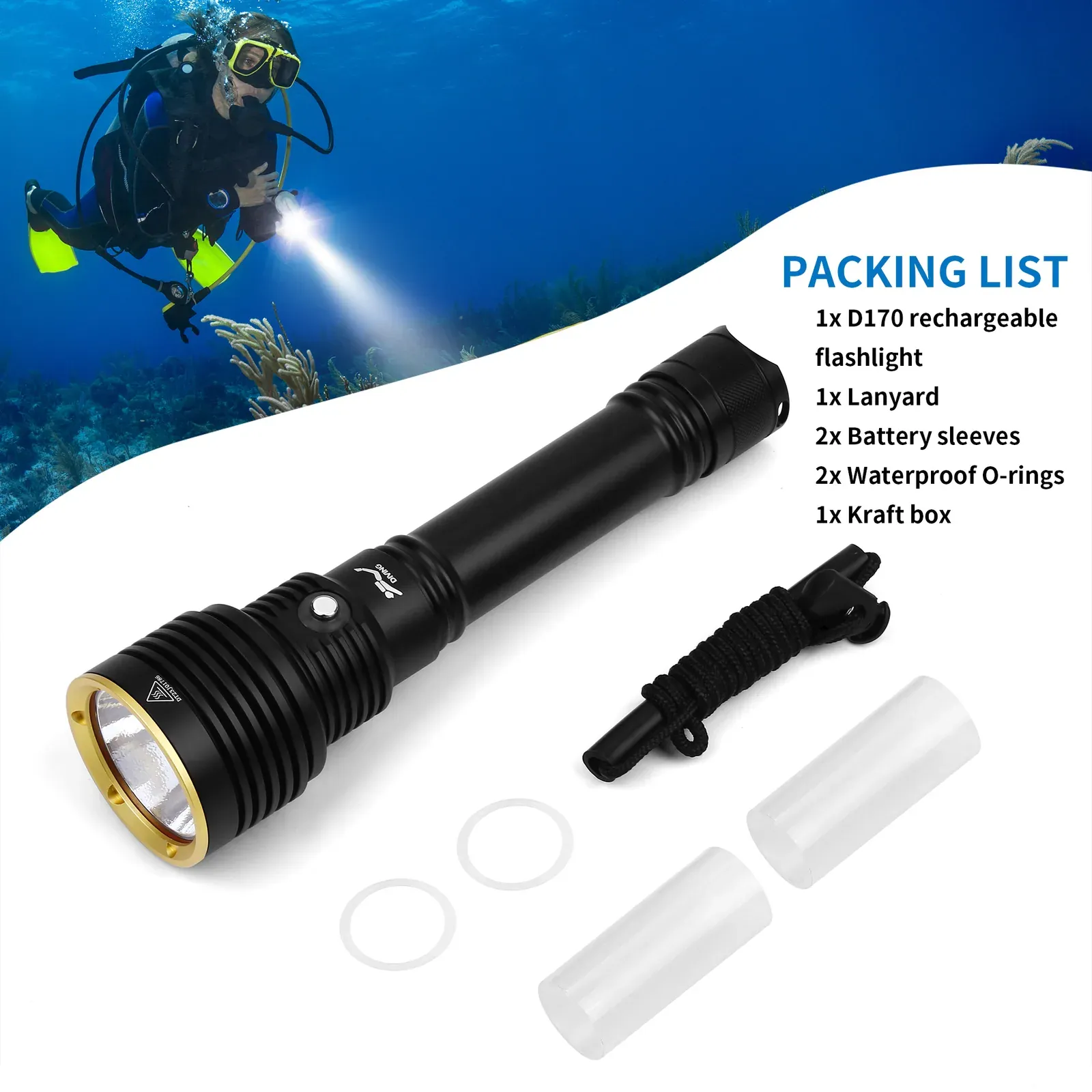 UEQIOV D170 3500LM Rechargeable LED Aluminum Dive Light IP68 80M Waterproof 26650 Underwater product image 7