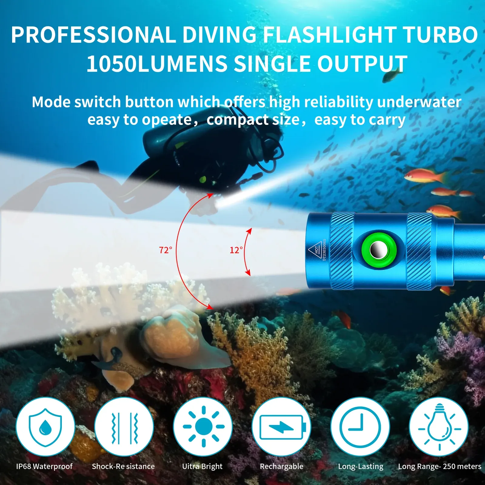 UEQIOV DM006 Blue 1000LM Rechargeable LED Aluminum Dive Light IP68 50M Waterproof 18650 Underwater Torch product image 11
