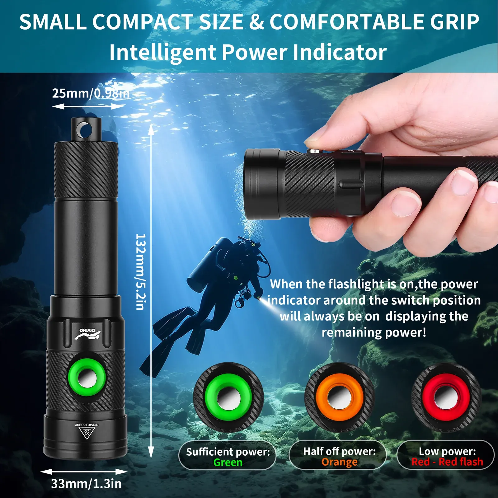 UEQIOV D180 1000LM Rechargeable LED Aluminum Dive Light IP68 80M Waterproof 18650 Underwater Torch product image 7