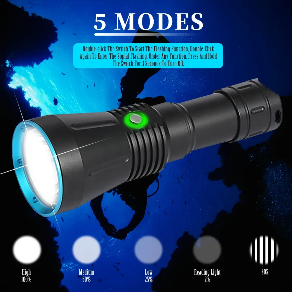 UEQIOV DV16A 2000LM Rechargeable LED Aluminum Dive Light IP68 80M Waterproof 26650 Underwater Torch product image 2