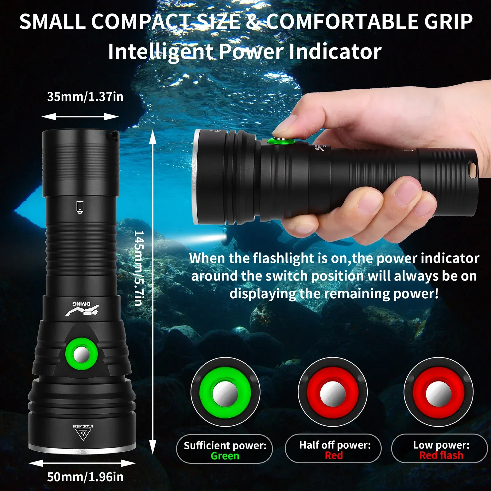 UEQIOV W76 2000LM Rechargeable LED Aluminum Dive Light IP68 60M Waterproof 26650 Underwater Torch product image 7
