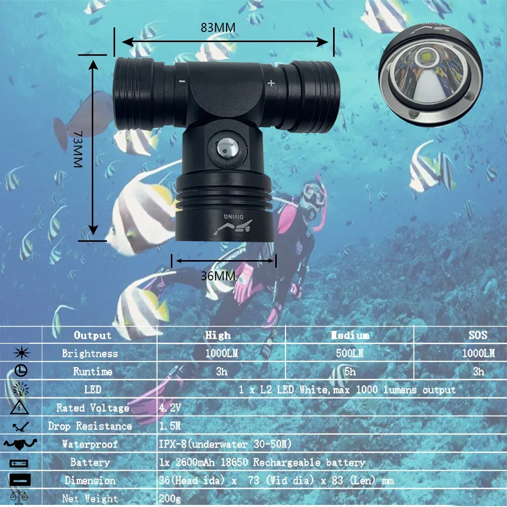 UEQIOV DH01 Diving Head Flashlight Adjustable Waterproof Headlamp 1000lm High Power Underwater White product image 3