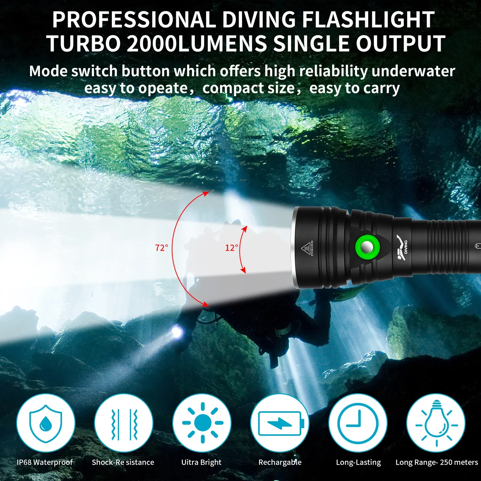 UEQIOV W76 2000LM Rechargeable LED Aluminum Dive Light IP68 60M Waterproof 26650 Underwater Torch product image 3