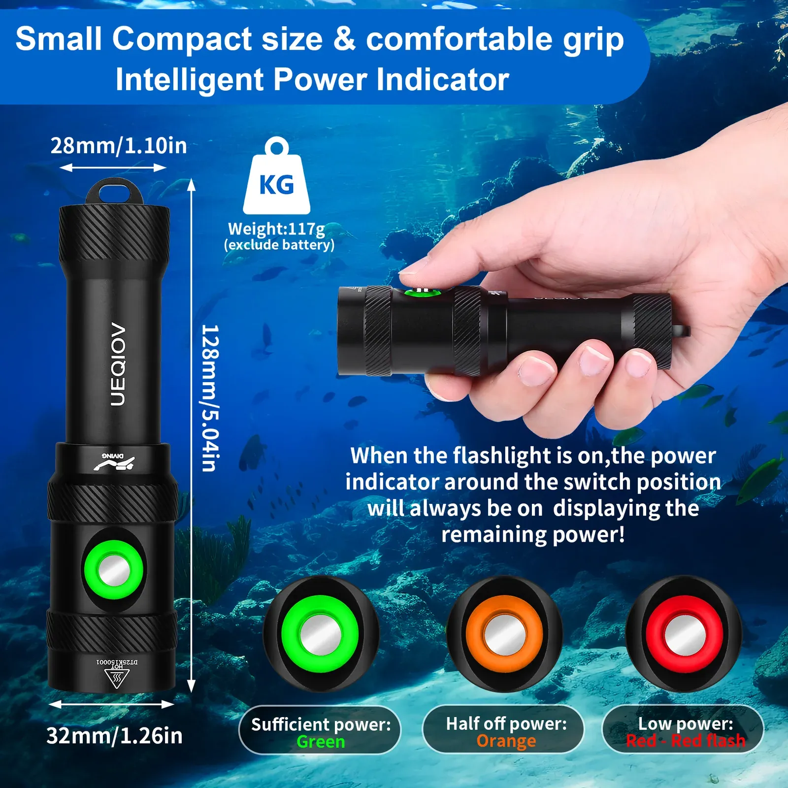 UEQIOV DM006 1000LM Rechargeable LED Aluminum Dive Light IP68 50M Waterproof 18650 Underwater Torch product image 6