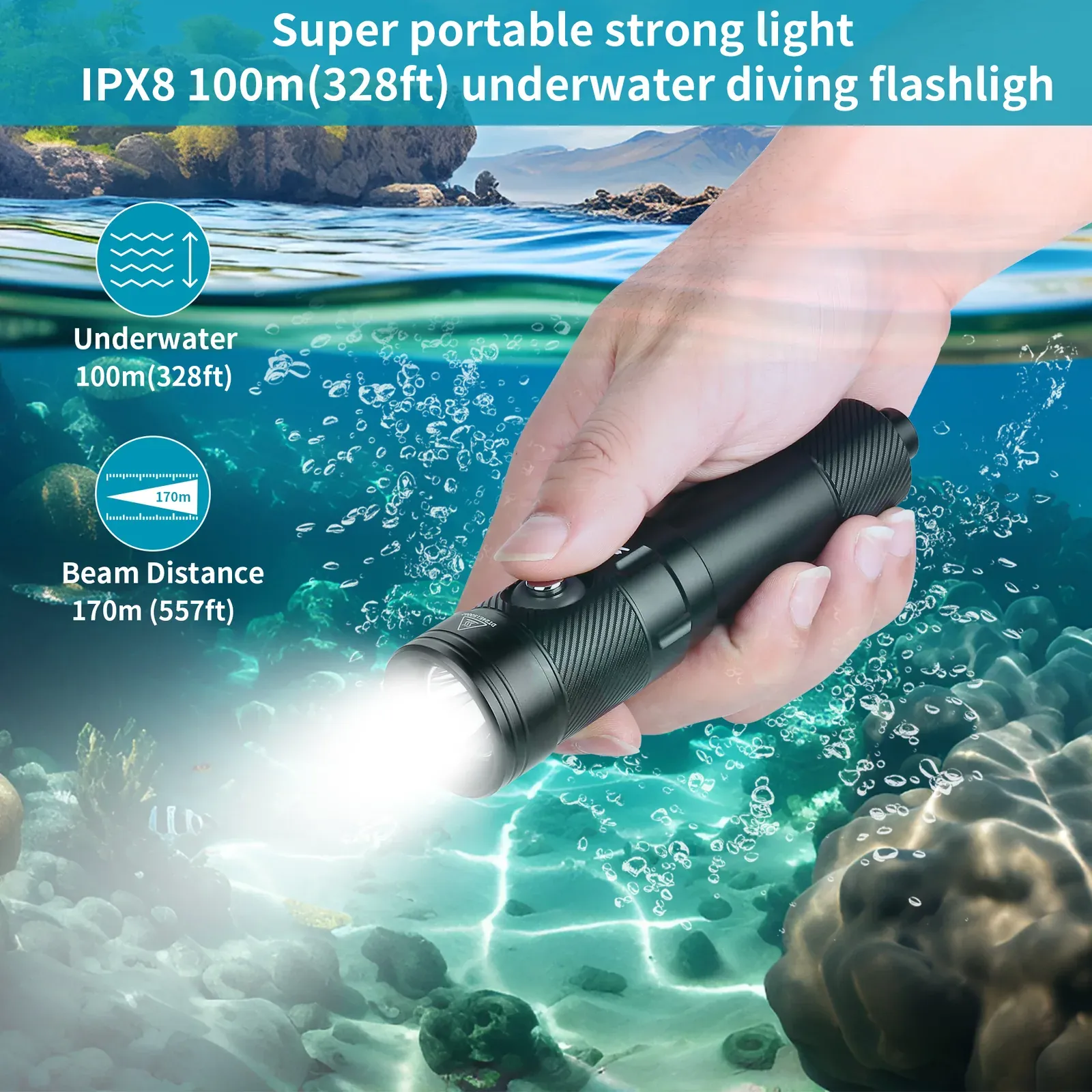 UEQIOV D180 1000LM Rechargeable LED Aluminum Dive Light IP68 80M Waterproof 18650 Underwater Torch product image 6