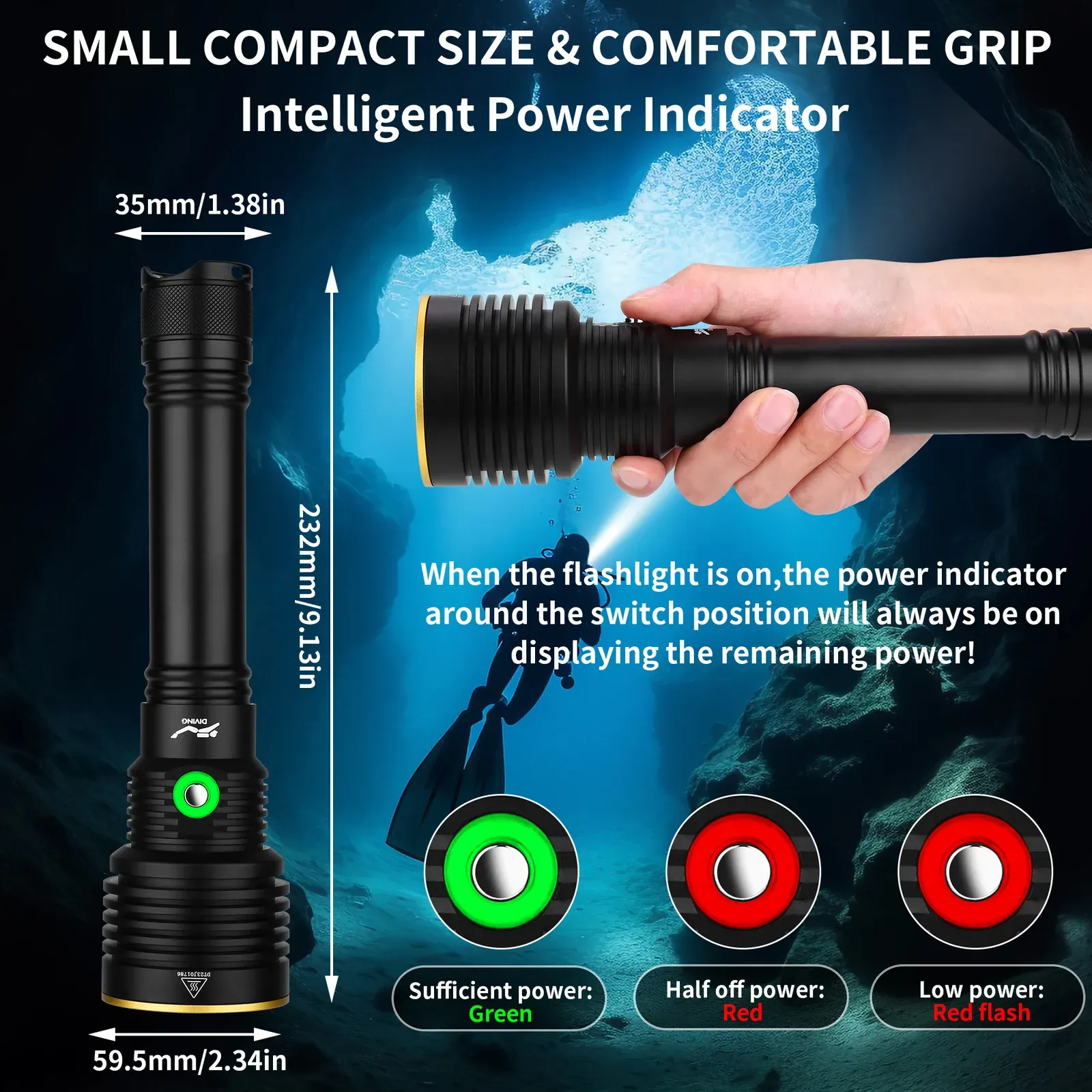 UEQIOV D170 3500LM Rechargeable LED Aluminum Dive Light IP68 80M Waterproof 26650 Underwater product image 4