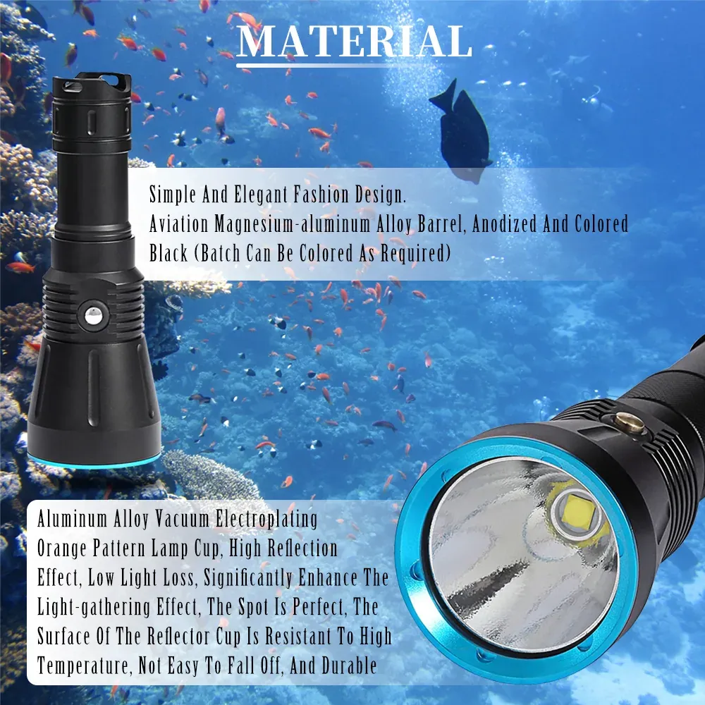 UEQIOV DV16A 2000LM Rechargeable LED Aluminum Dive Light IP68 80M Waterproof 26650 Underwater Torch product image 6