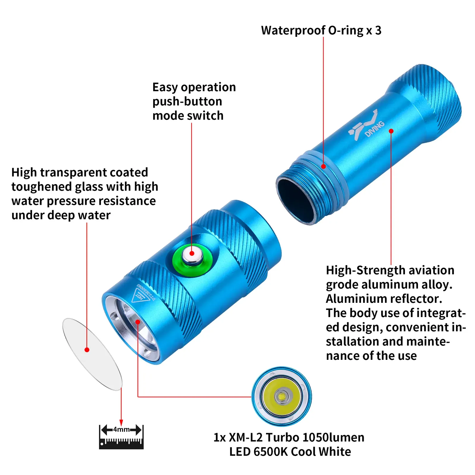 UEQIOV DM006 Blue 1000LM Rechargeable LED Aluminum Dive Light IP68 50M Waterproof 18650 Underwater Torch product image 10