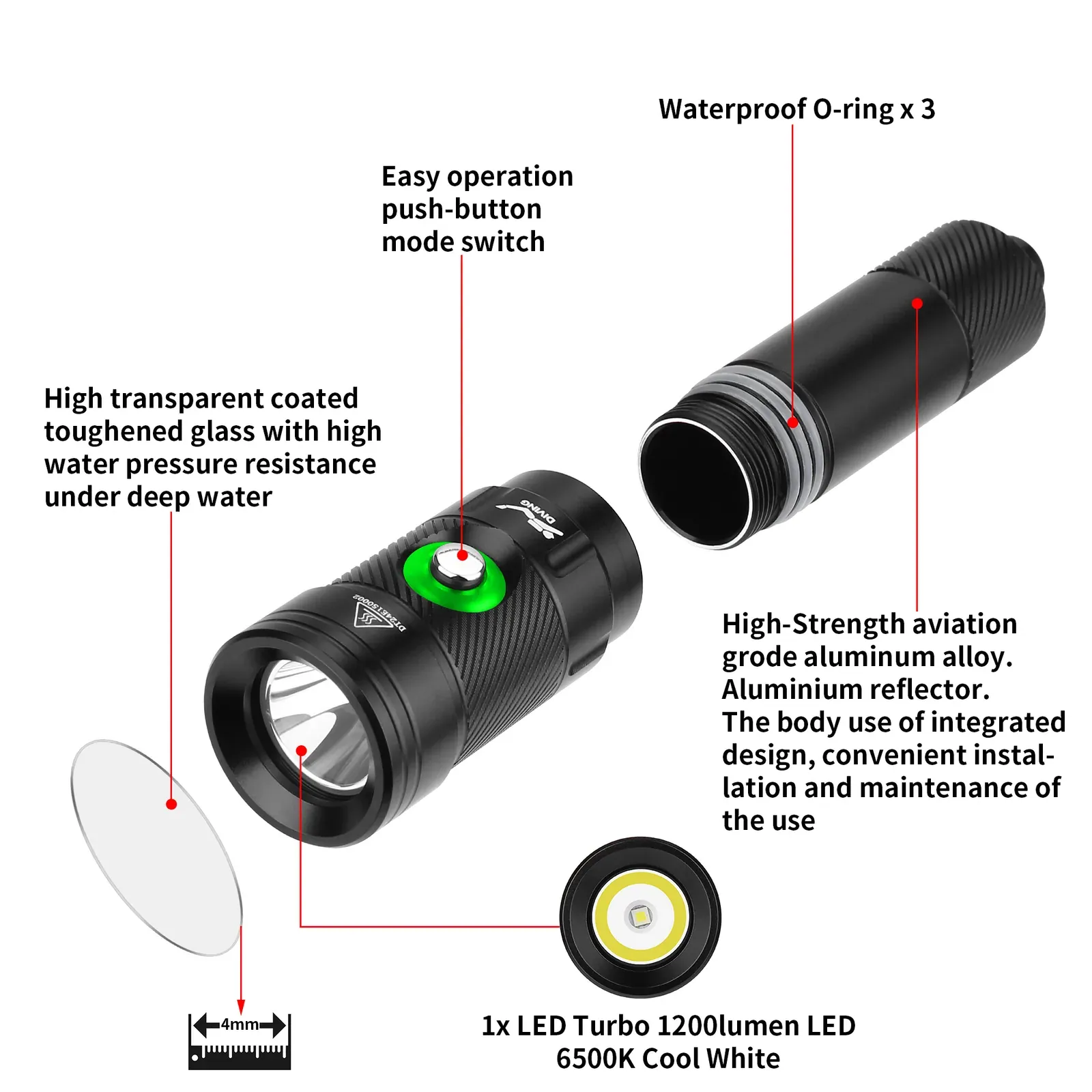 UEQIOV D180 1000LM Rechargeable LED Aluminum Dive Light IP68 80M Waterproof 18650 Underwater Torch product image 2