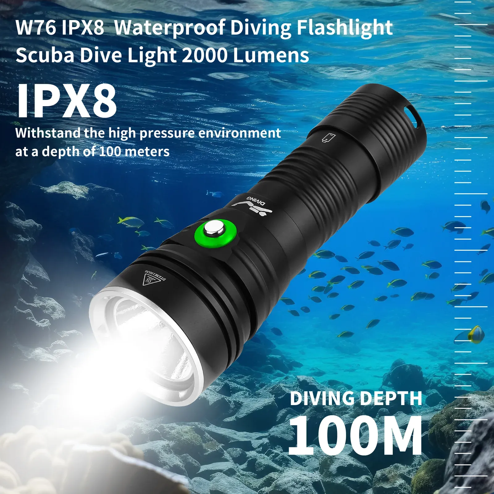 UEQIOV W76 2000LM Rechargeable LED Aluminum Dive Light IP68 60M Waterproof 26650 Underwater Torch product image 4