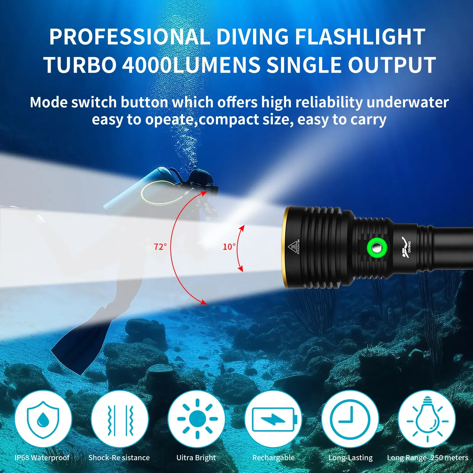 UEQIOV D170 3500LM Rechargeable LED Aluminum Dive Light IP68 80M Waterproof 26650 Underwater product image 3